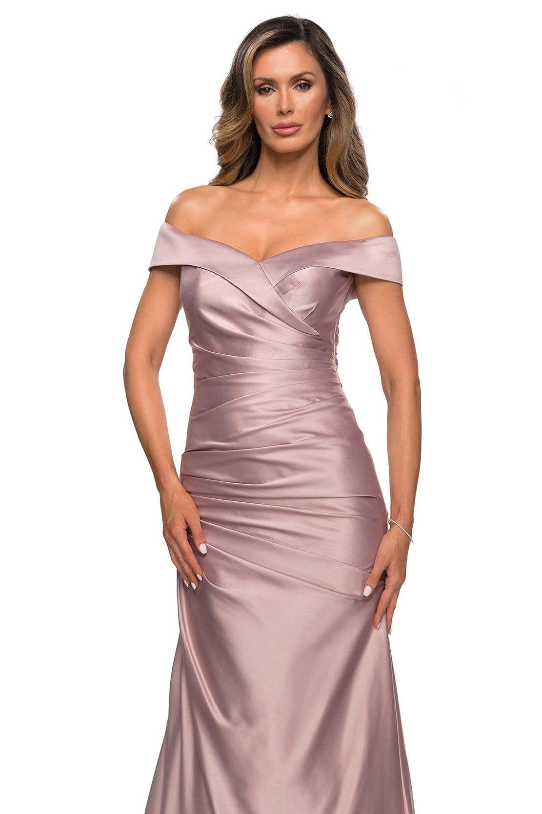 La Femme - 28103 Off Shoulder Pleated Satin Evening Gown Mother of the Bride Dresses