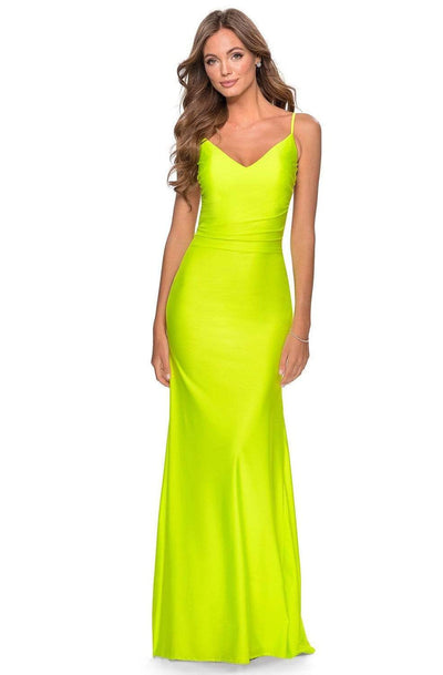 La Femme - 28287 Spaghetti Strap Ruched Backless Long Dress Prom Dresses 00 / Neon Yellow