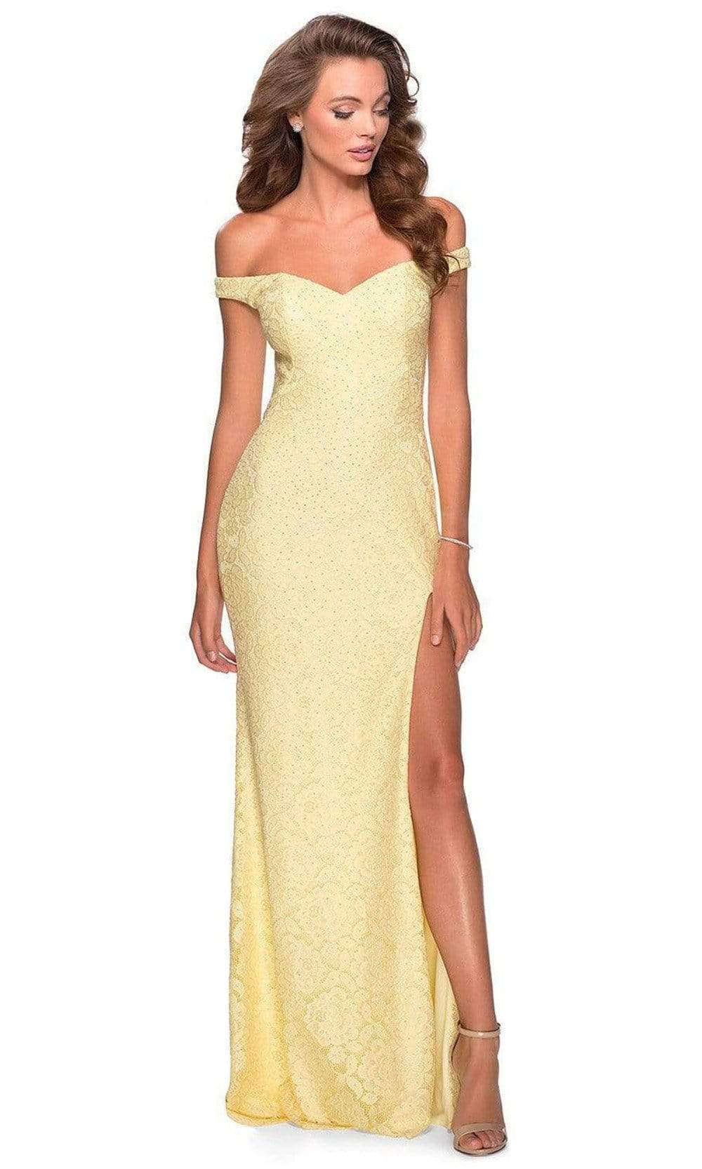La Femme - 28301 Stretch Lace Off-Shoulder Sheath Dress With Slit Prom Dresses 00 / Pale Yellow