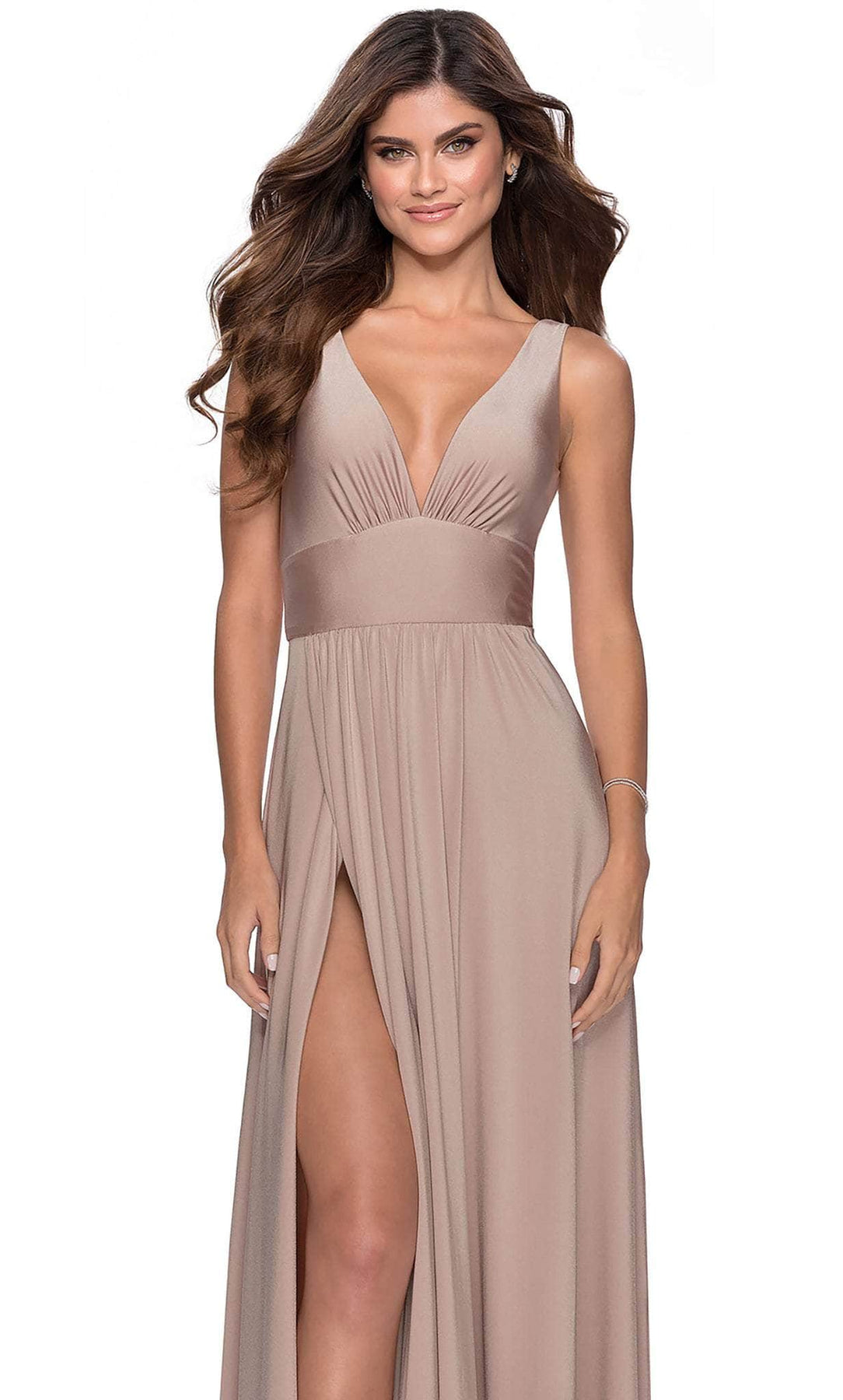 La Femme - 28547 Deep V Neck Empire Waist Sleeveless Prom Gown Bridesmaid Dresses 00 / Nude