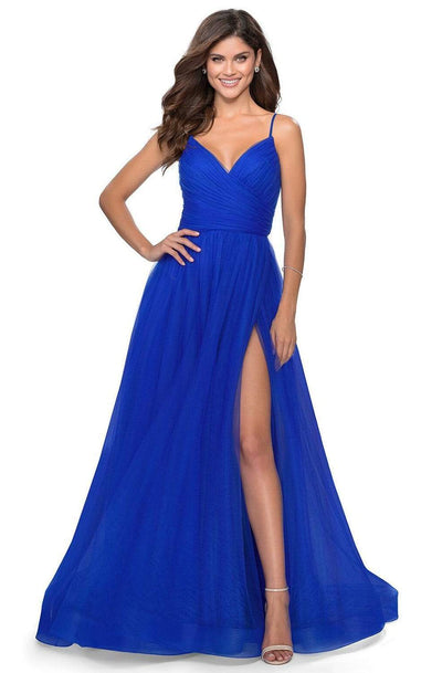 La Femme - 28561 Ruched Tulle A-Line Dress with Slit Evening Dresses 00 / Royal Blue