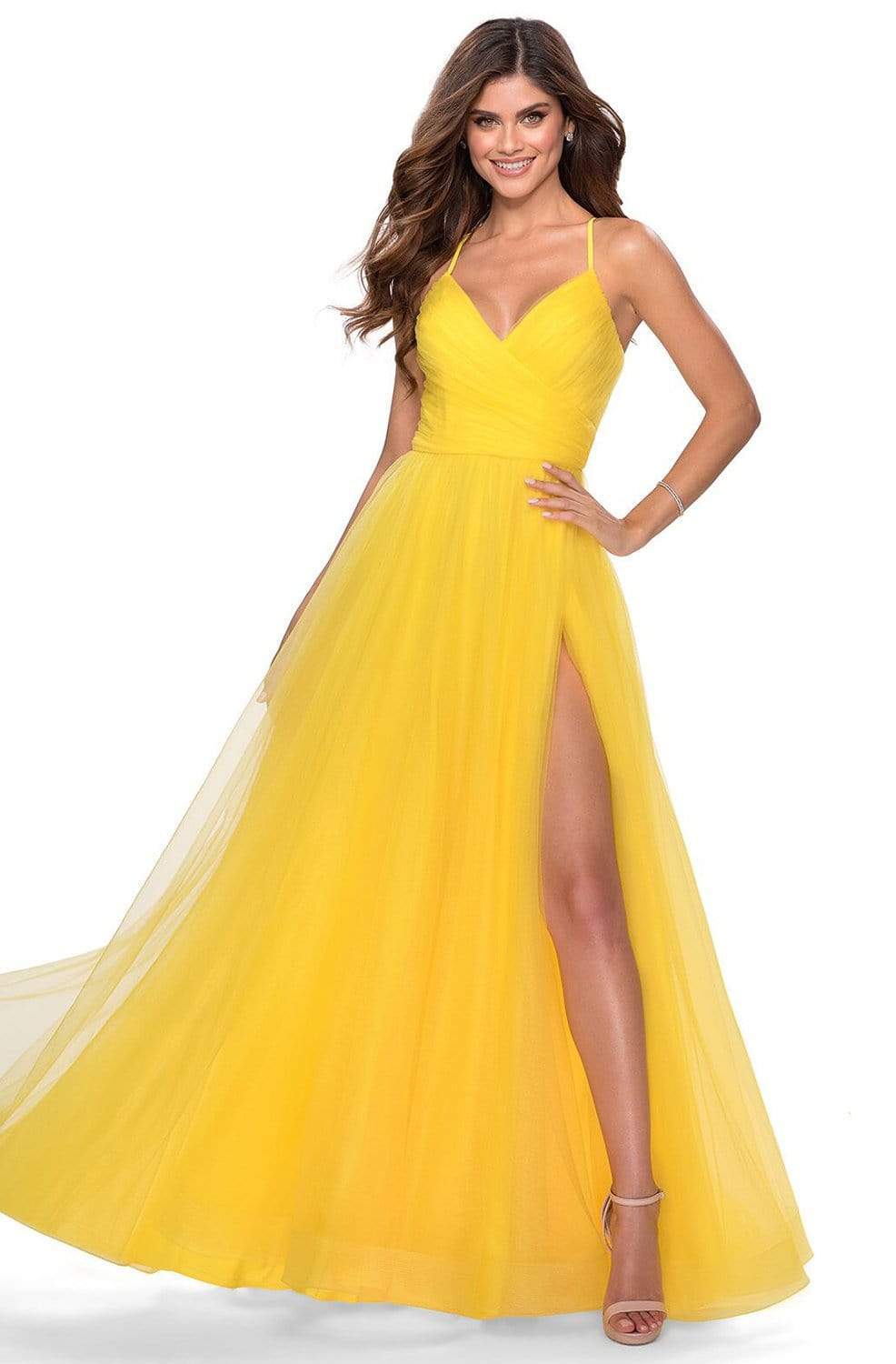 La Femme - 28561 Ruched Tulle A-Line Dress with Slit Evening Dresses 00 / Yellow
