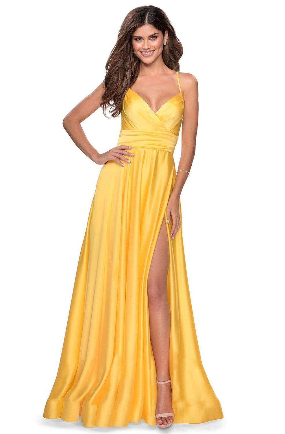 La Femme - 28571 Satin Deep V-neck A-line Gown Bridesmaid Dresses