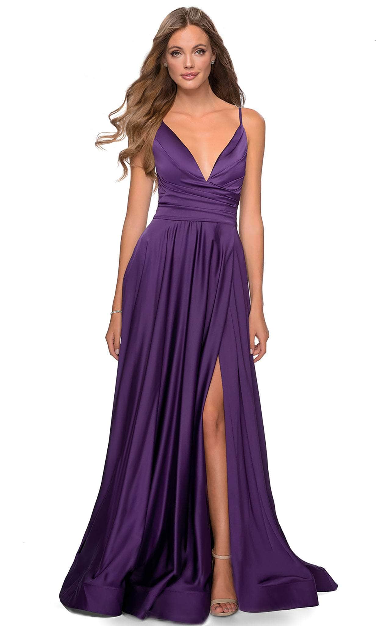 La Femme - 28607 Sleeveless Deep V Neck High Leg Slit A-Line Gown Prom Dresses 00 / Royal Purple