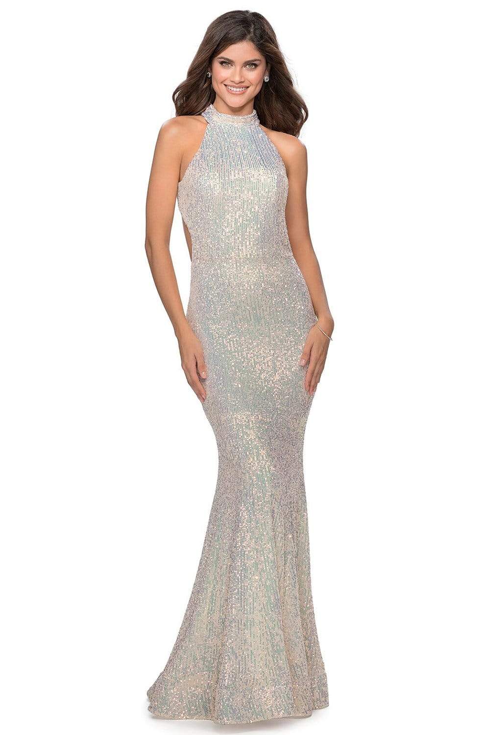 La Femme - 28612 Sequined Halter Neck Trumpet Dress Prom Dresses 00 / Champagne
