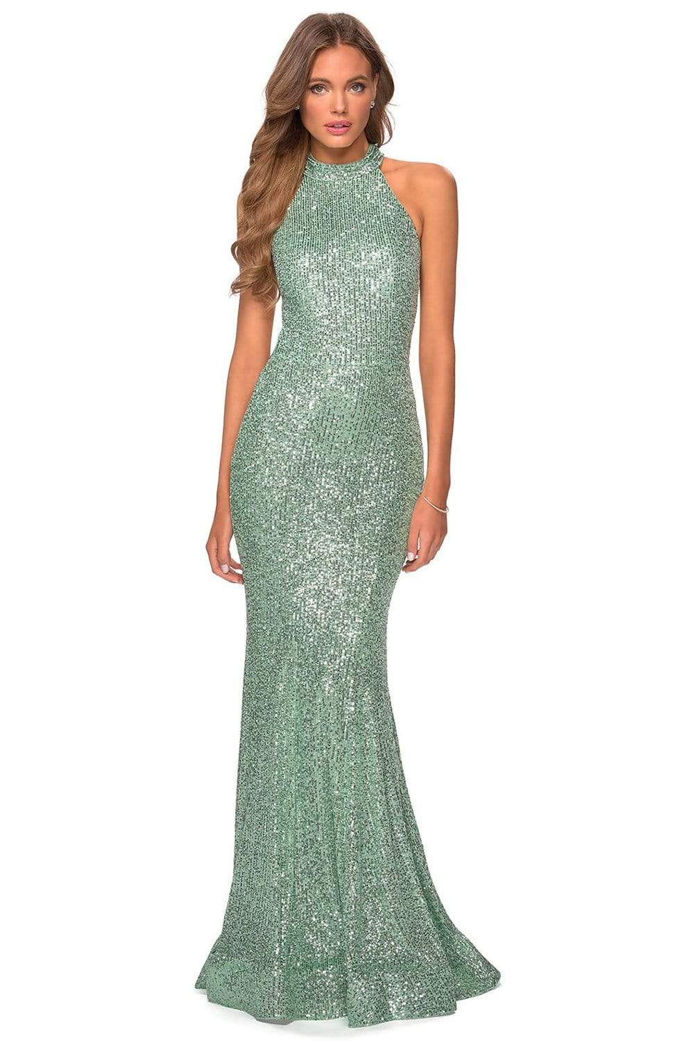 La Femme - 28612 Sequined Halter Neck Trumpet Dress Prom Dresses 00 / Mint