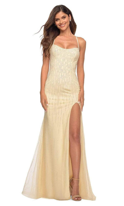 La Femme - 28622 Scoop Neck Beaded Tulle Gown Special Occasion Dress 00 / Pale Yellow