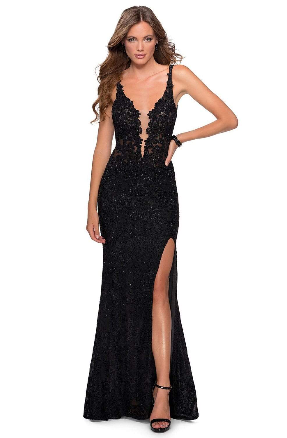 La Femme - 28648 Deep V-Neck Lace Sheath Dress Prom Dresses 00 / Black