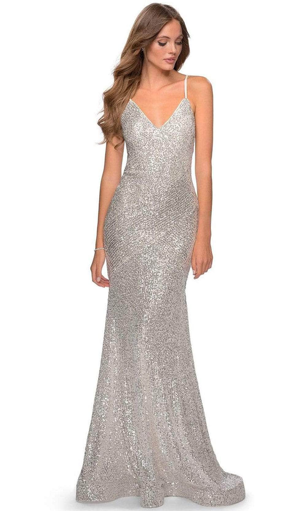 La Femme - 28713 Deep V-Neckline Sequin Sheath Dress Evening Dresses 00 / Silver