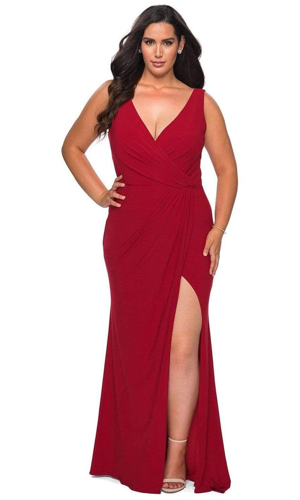 La Femme - 28882 Plunging V-neck Ruched Jersey Sheath Dress Evening Dresses