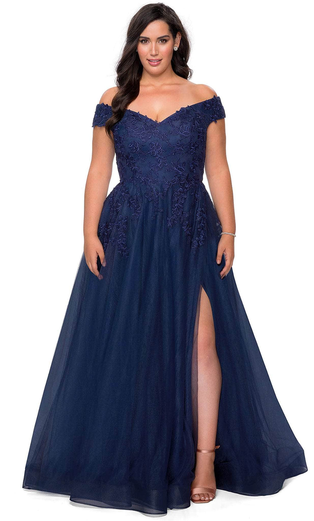 La Femme - 28950 Embroidered Off Shoulder High Slit Gown Evening Dresses 12W / Navy