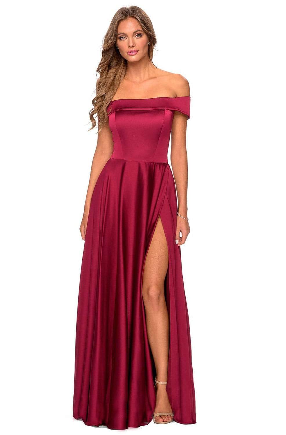 La Femme - 28978 Satin Off-Shoulder A-line Gown Bridesmaid Dresses 00 / Wine