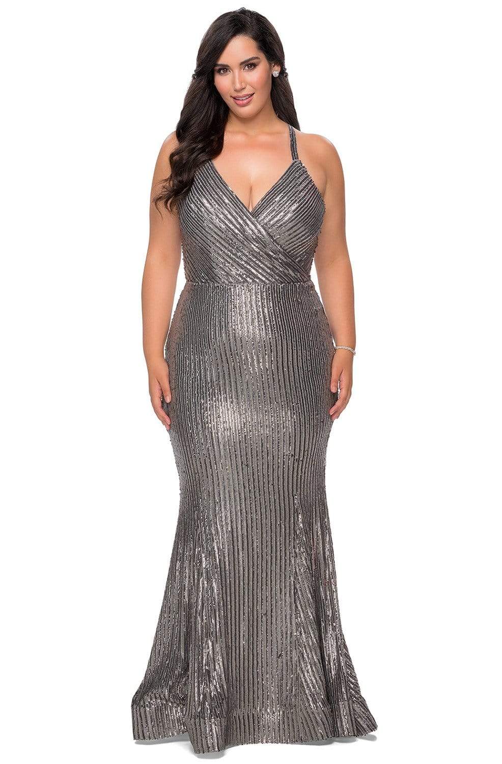 La Femme - 29051 Sequined Plunging V-neck Trumpet Dress Evening Dresses 12W / Silver