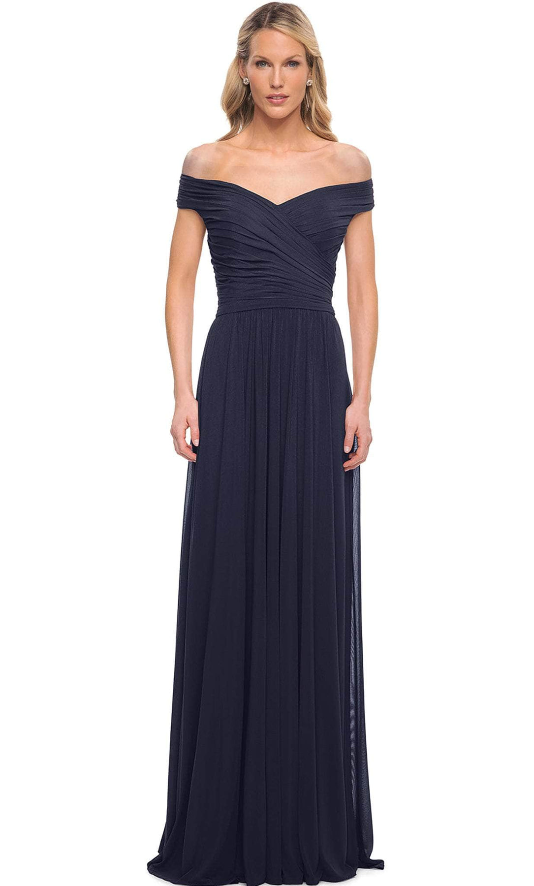 La Femme - 29168 Off Shoulder Ruched Evening Dress Mother of the Bride Dresses 4 / Navy