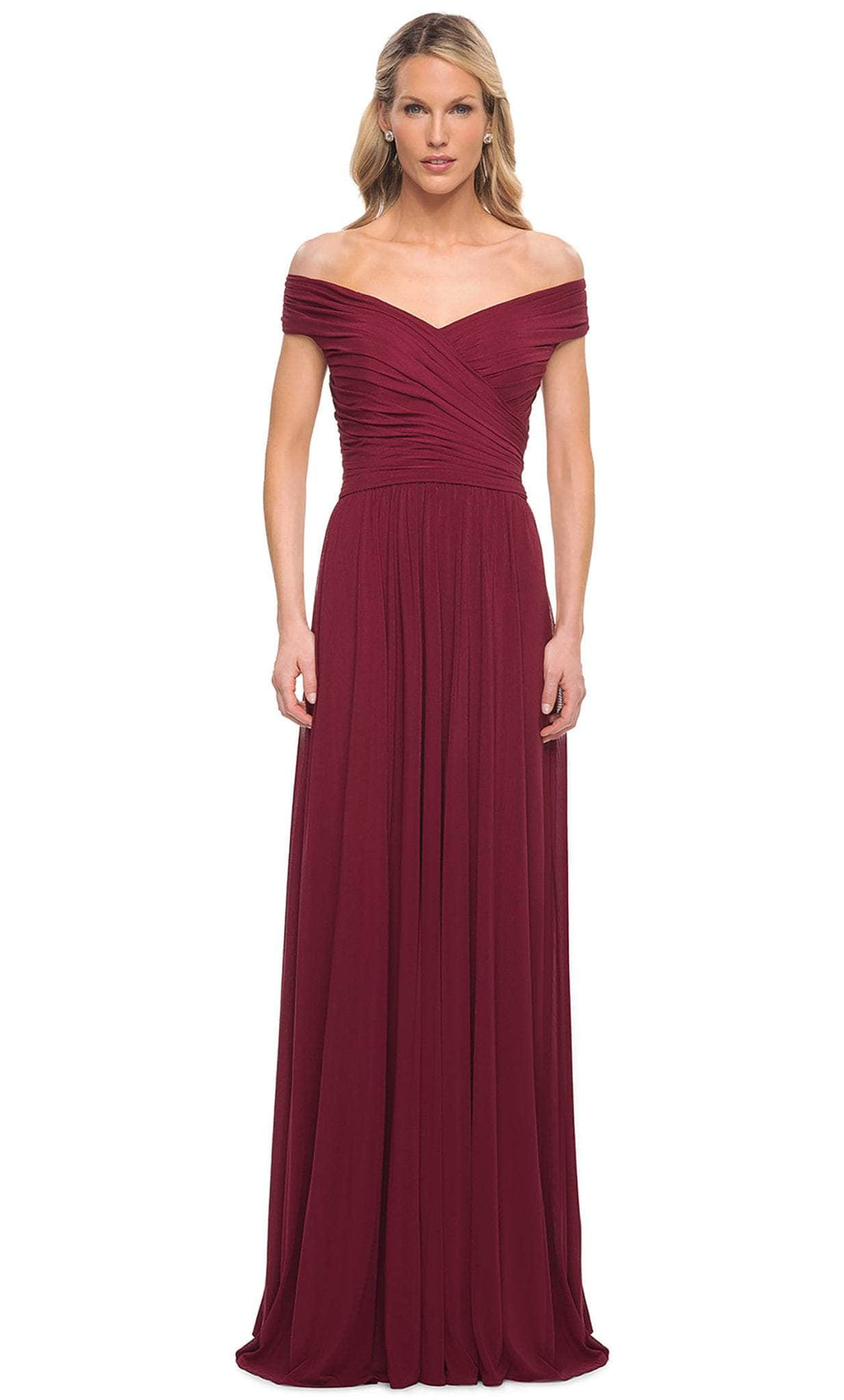 La Femme - 29168 Off Shoulder Ruched Evening Dress Mother of the Bride Dresses 4 / Wine