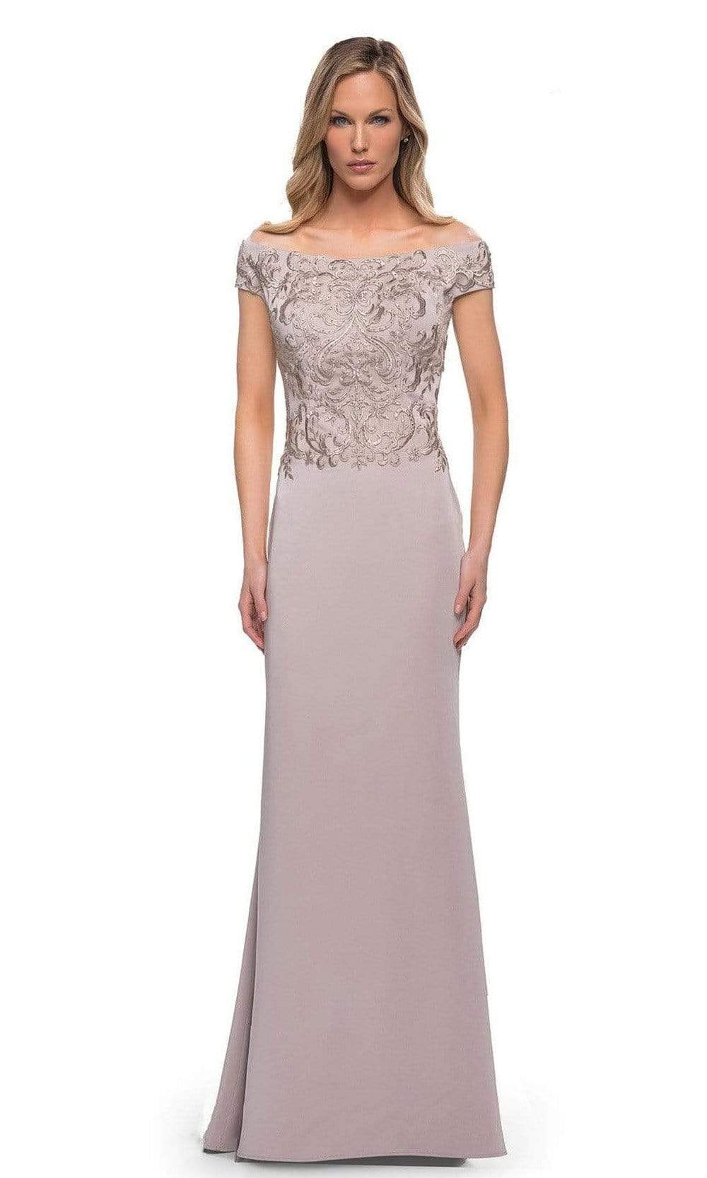 La Femme - 29331 Off Shoulder Formal Sheath Dress Mother of the Bride Dresses 2 / Light Taupe