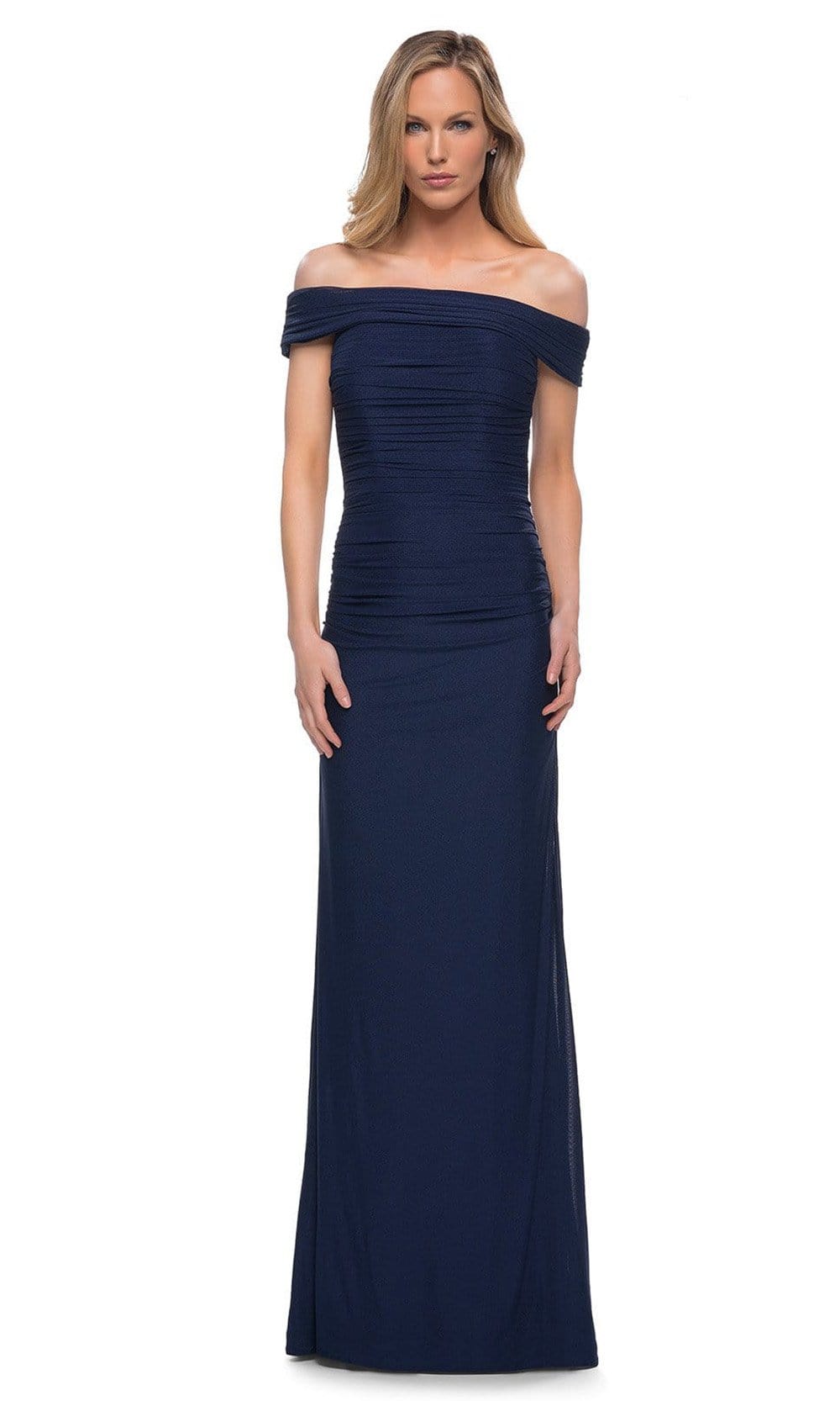 La Femme - 29541 Off Shoulder Column Evening Dress Mother of the Bride Dresses 2 / Navy