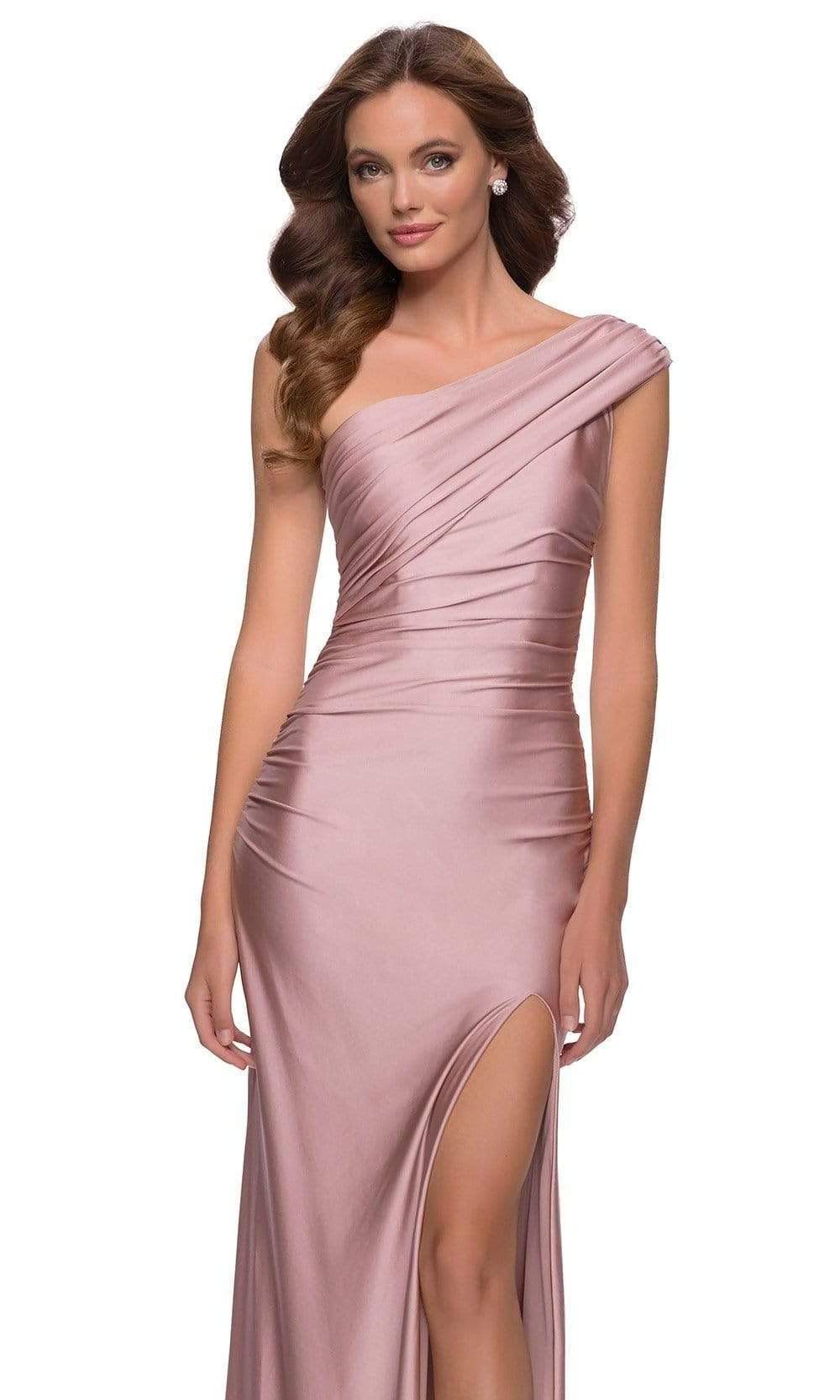 La Femme - 29619 One Shoulder Fitted High Slit Shiny Jersey Gown Prom Dresses