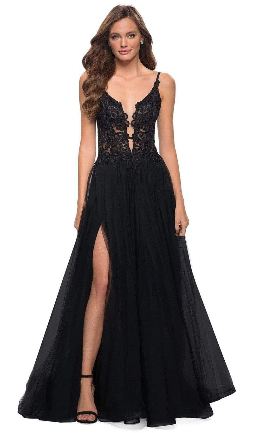 sheer lace bodice long beaded la femme prom dress La Femme Dress 32253