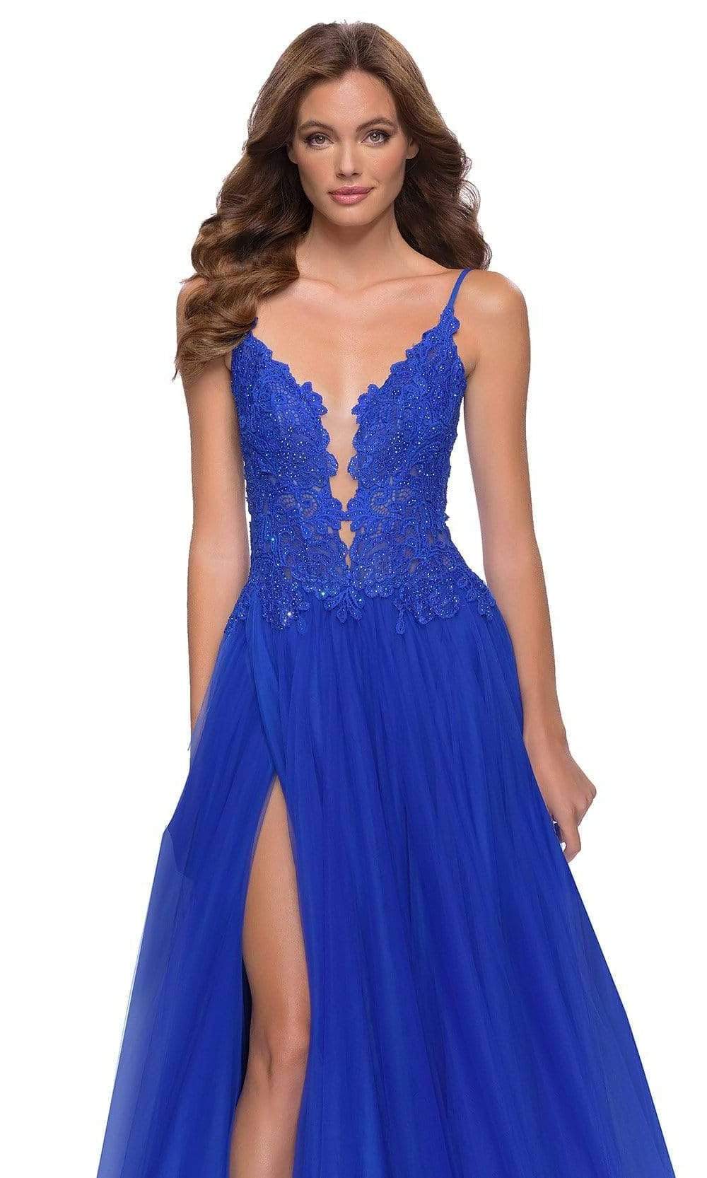 La Femme - 29686 Sparkly Illusion Bodice High Slit A-Line Gown Prom Dresses