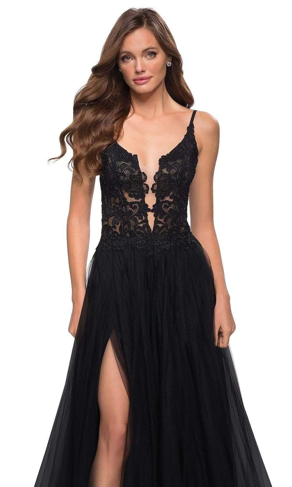 La Femme - 29686 Sparkly Illusion Bodice High Slit A-Line Gown Prom Dresses
