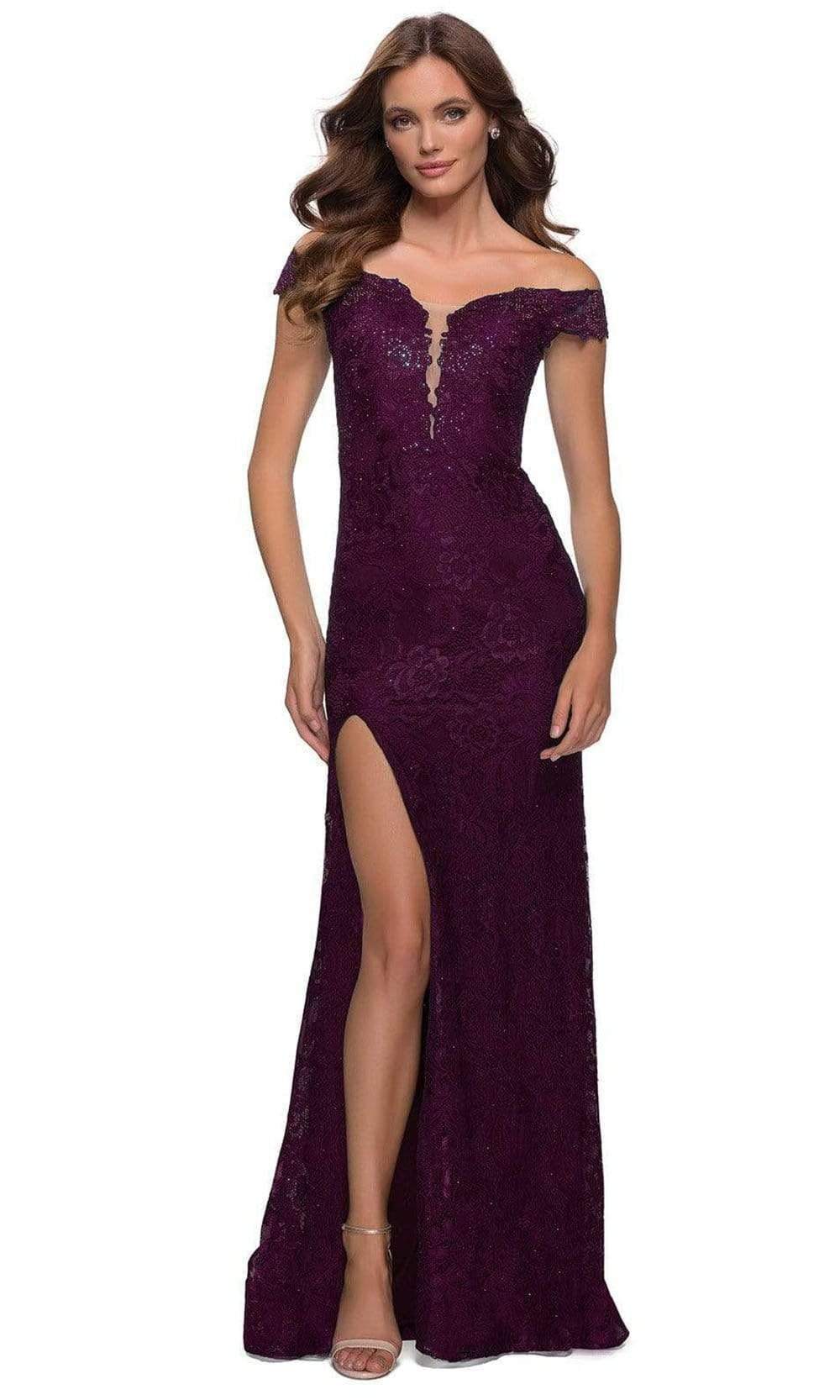 La Femme - 29693 Stretch Lace Deep Off Shoulder Trumpet Dress Evening Dresses 00 / Dark Berry