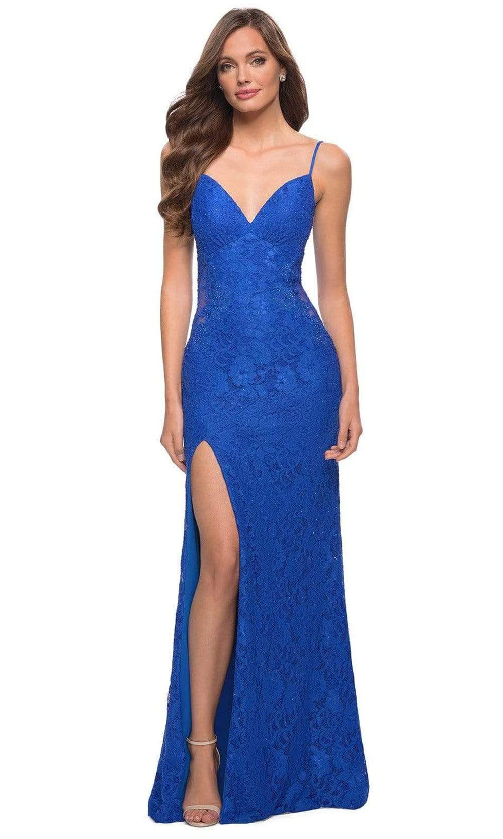La Femme - 29694 Stretch Lace V Neck Sheath Dress Evening Dresses 00 / Royal Blue