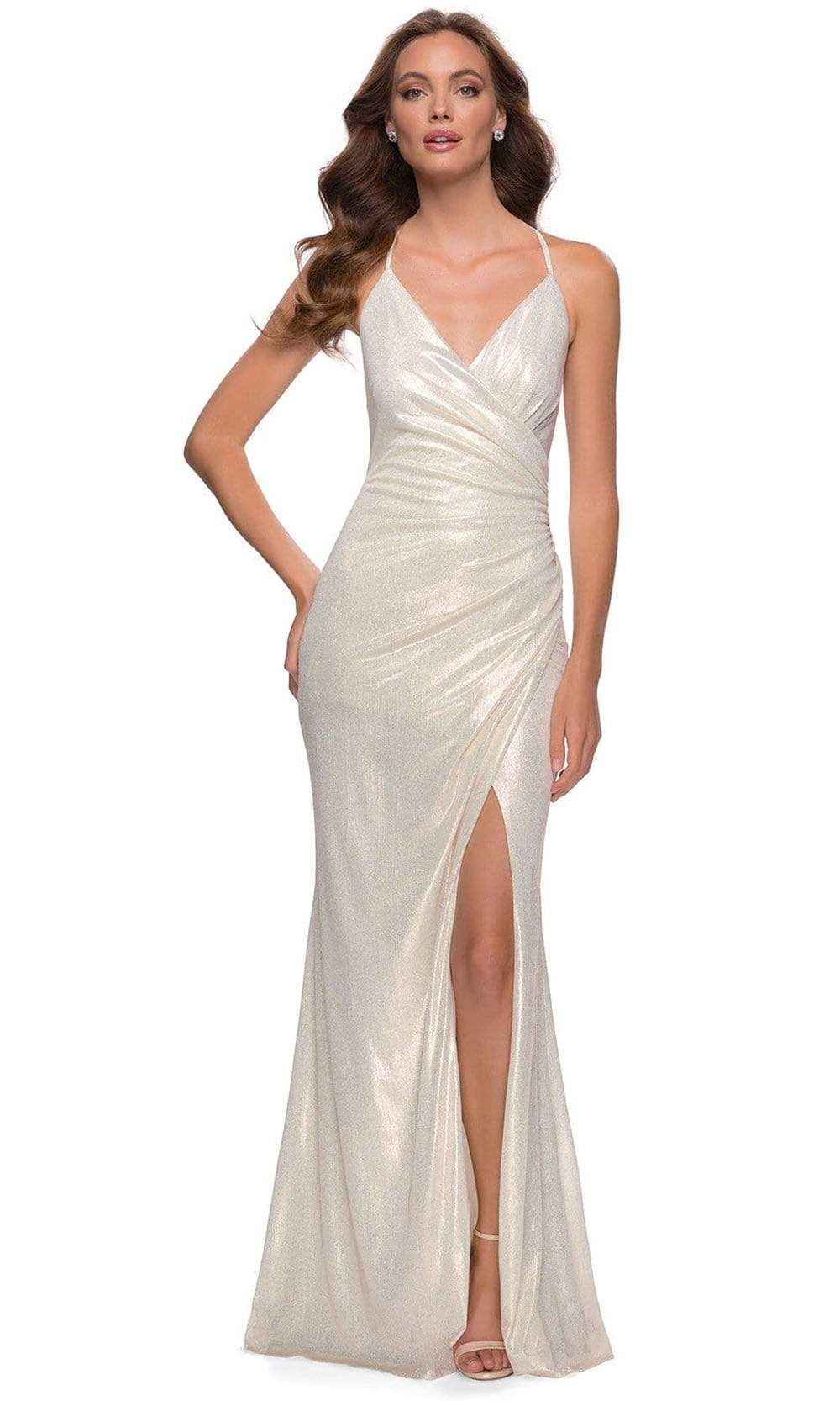 La Femme 29707 - Long Jersey Sheath Dress - Sleeveless, Spaghetti Straps, Shiny, Metallic, Fitted Bodice, Wrapped, High Slit, Open Back, Back Zipper, Flowy, Floor Length, Sweep Train ADASA La Femme 29707 - Long Jersey Sheath Dress - Sleeveless, Spaghetti Straps, Shiny, Metallic, Fitted Bodice, Wrapped, High Slit, Open Back, Back Zipper, Flowy, Floor Length, Sweep Train ADASA
