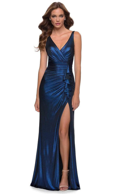 La Femme - 29759 Ruffle-Trimmed Shimmer High Slit Dress Evening Dresses 00 / Navy