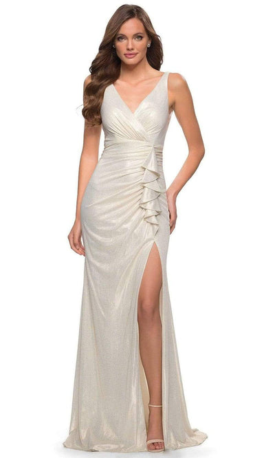 La Femme - 29759 Ruffle-Trimmed Shimmer High Slit Dress Evening Dresses 00 / White/Gold