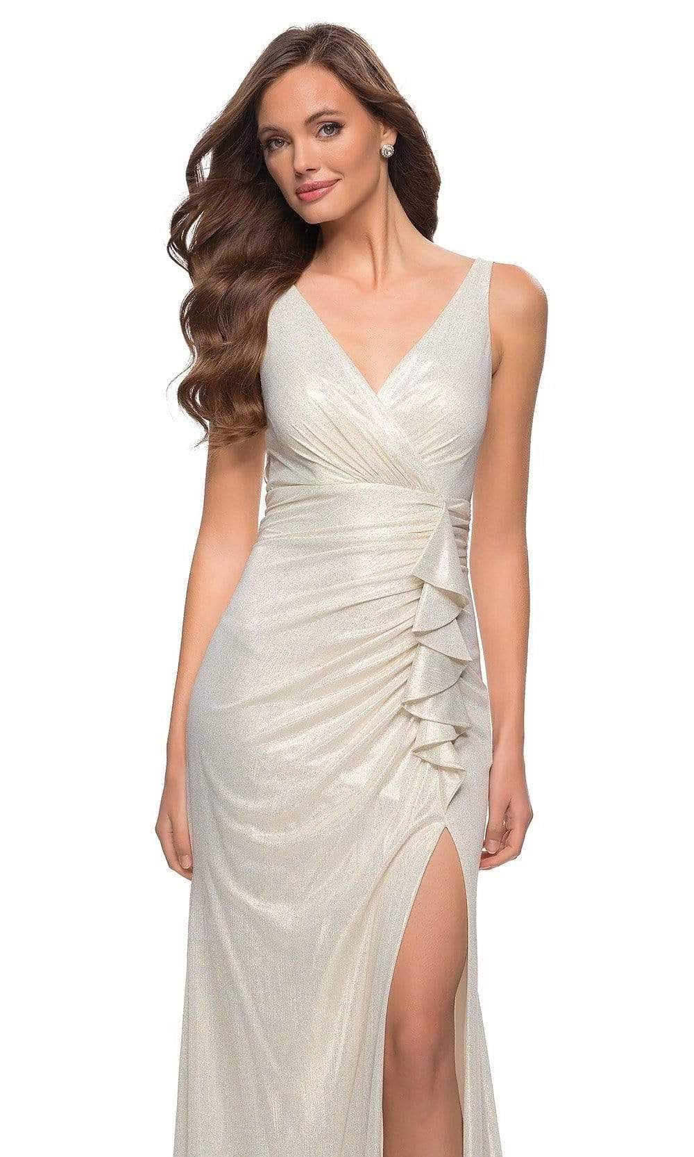 La Femme - 29759 Ruffle-Trimmed Shimmer High Slit Dress Evening Dresses