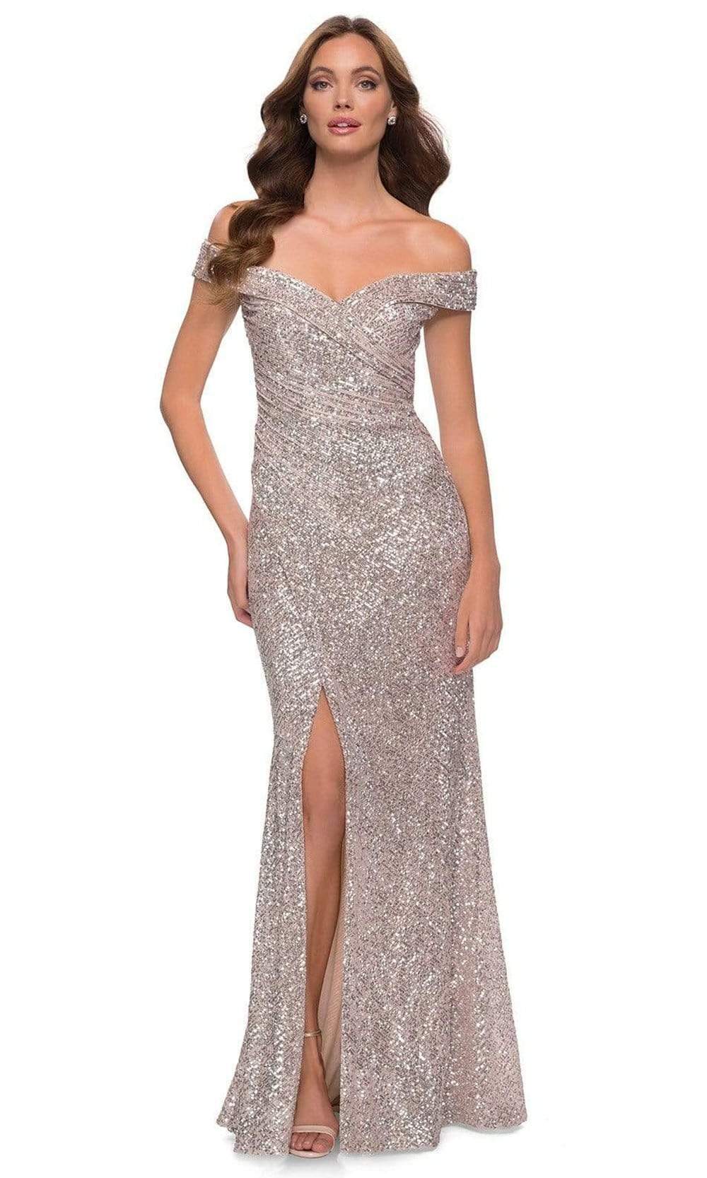 La Femme - 29831 Off Shoulder High Slit Full Sequin Gown Prom Dresses 2 / Silver
