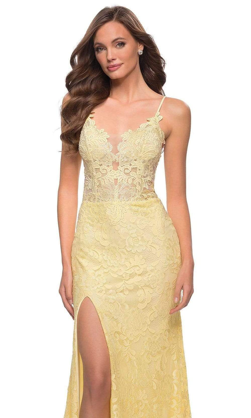 La Femme - 29842 Plunging Jeweled Lace High Slit Dress Prom Dresses