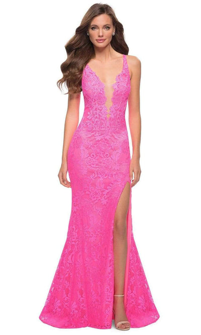 La Femme - 29978 Plunging Neck Embellished Dress Prom Dresses 00 / Neon Pink