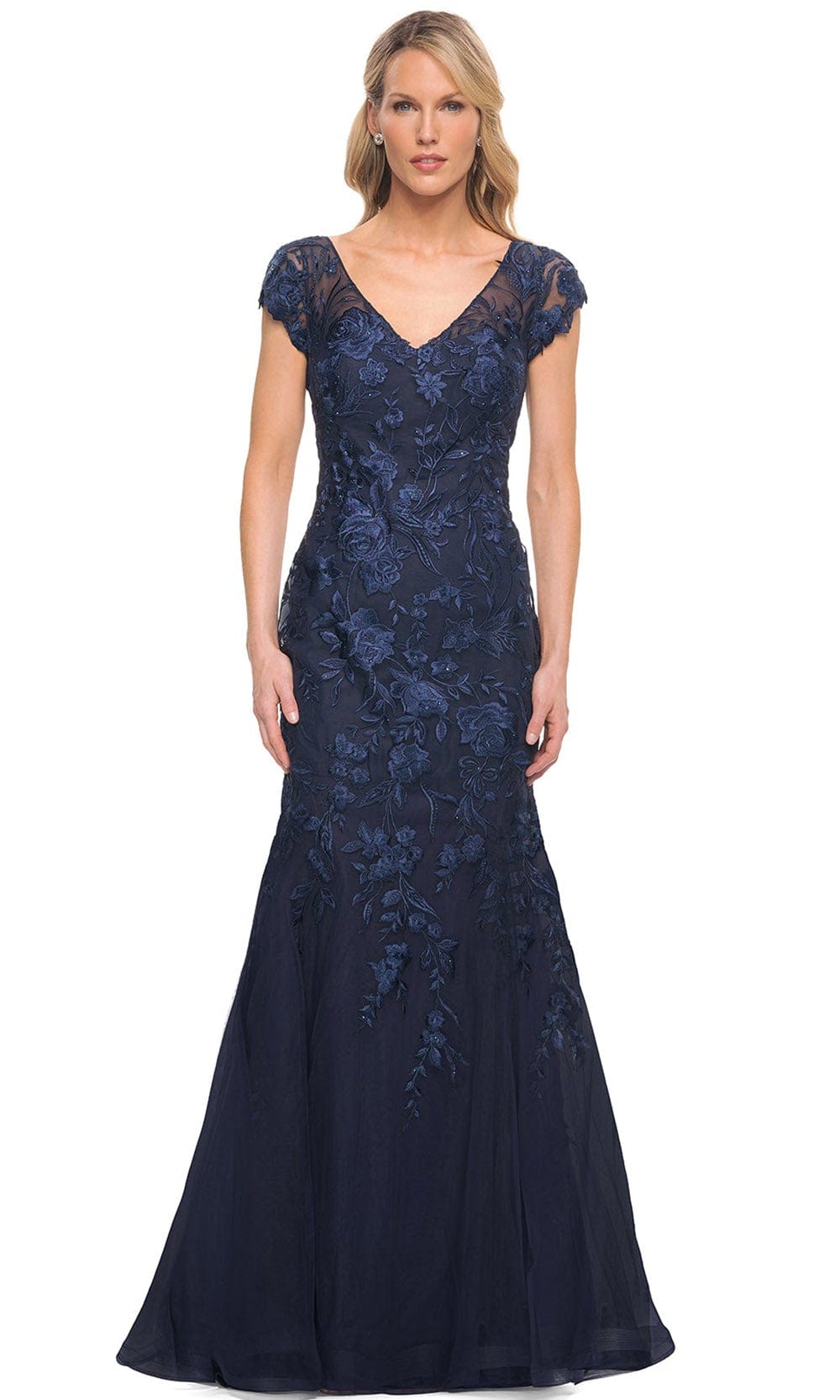 La Femme 30269 - Long Lace Mermaid Dress - Lace, Tulle, Sheer, Short Sleeve, Back Zipper, Mermaid, Floor Length 18 / Navy La Femme 30269 - Long Lace Mermaid Dress - Lace, Tulle, Sheer, Short Sleeve, Back Zipper, Mermaid, Floor Length 18 / Navy