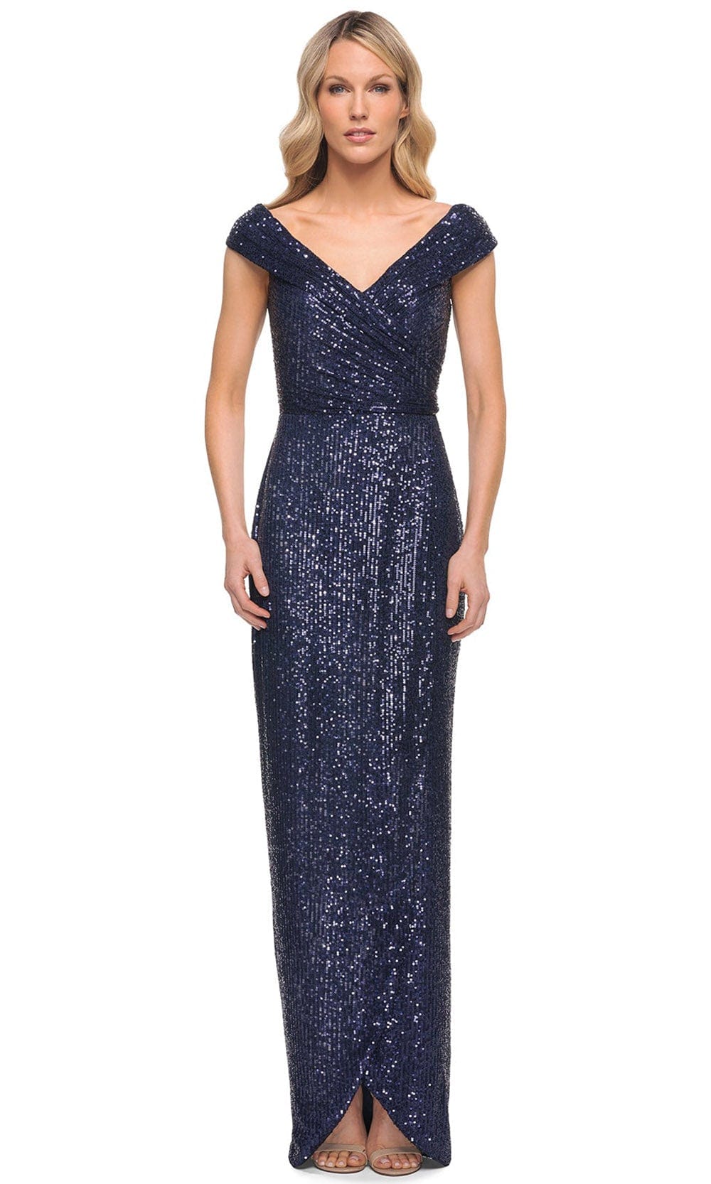 La Femme 30326 - Ruched V Neck Long Evening Dress Special Occasion Dress 4 / Navy