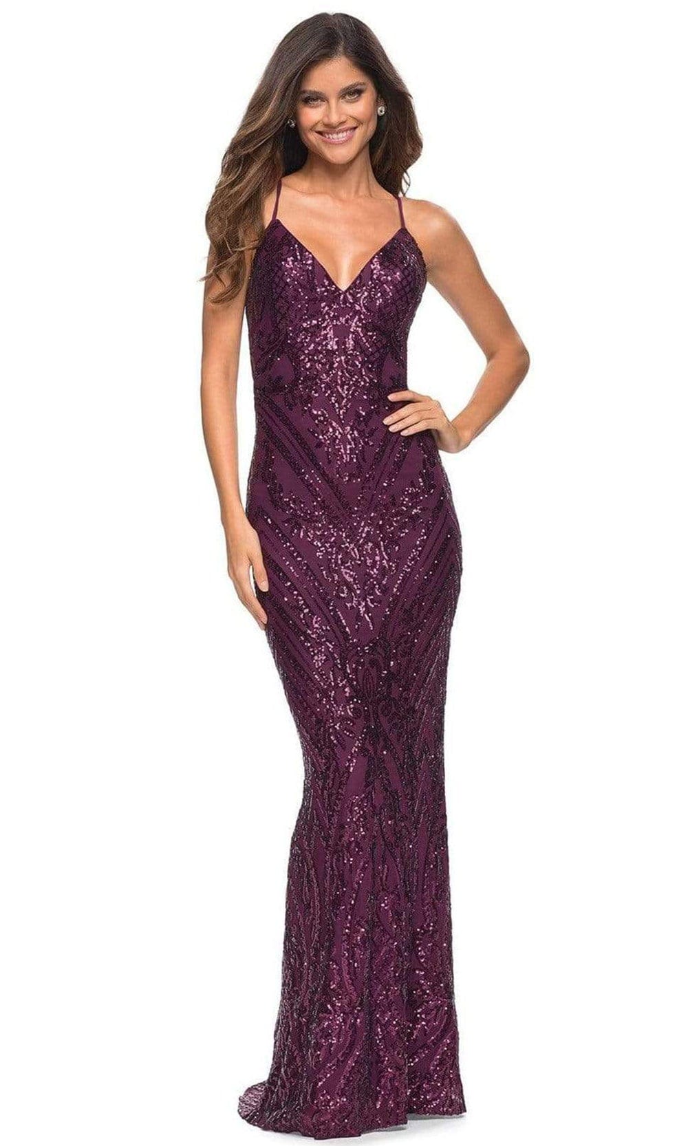 La Femme - 30496 Sequin-Ornate Long Gown Prom Dresses 00 / Dark Berry