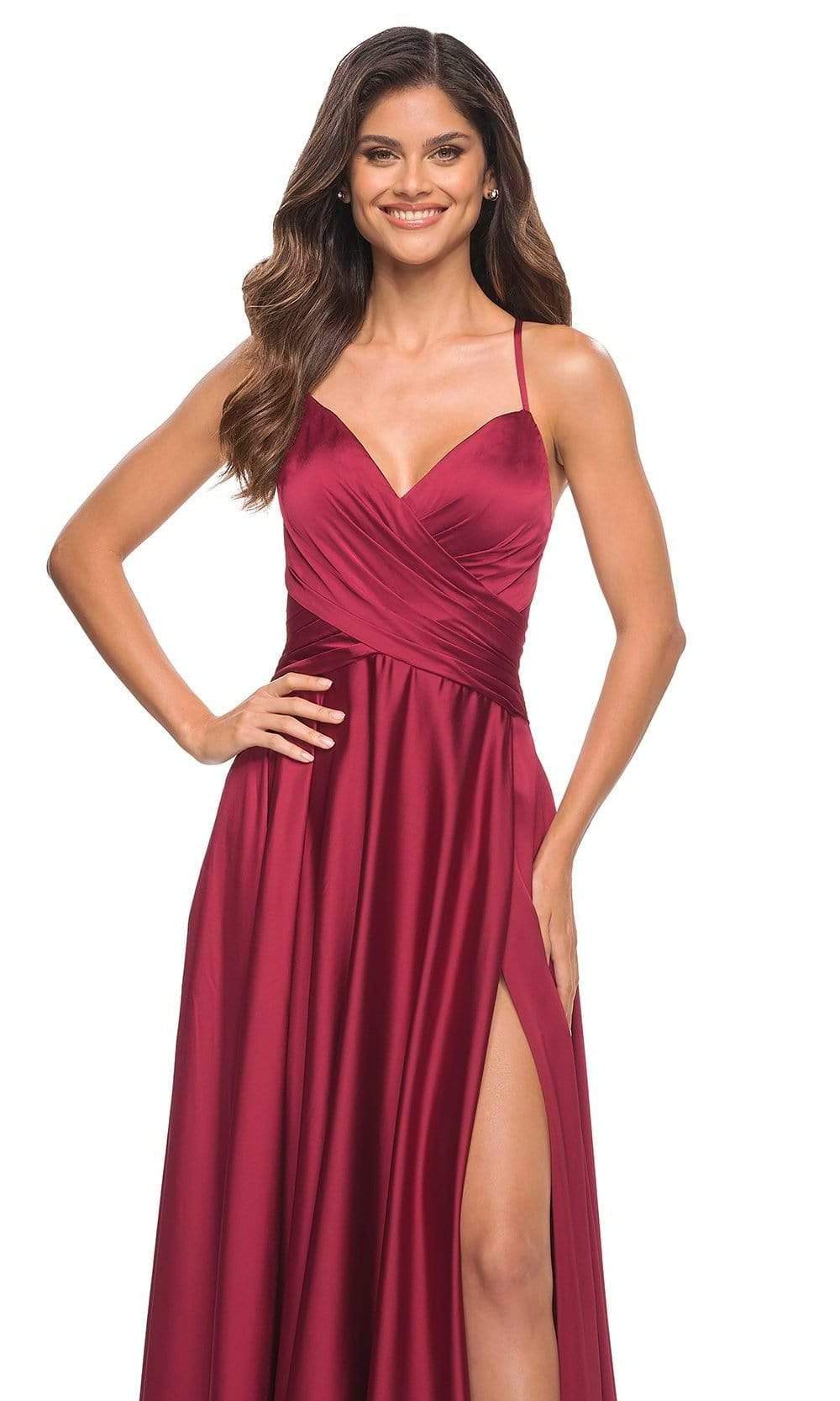 La Femme - 30512 V-Neck High Slit Satin Dress Special Occasion Dress