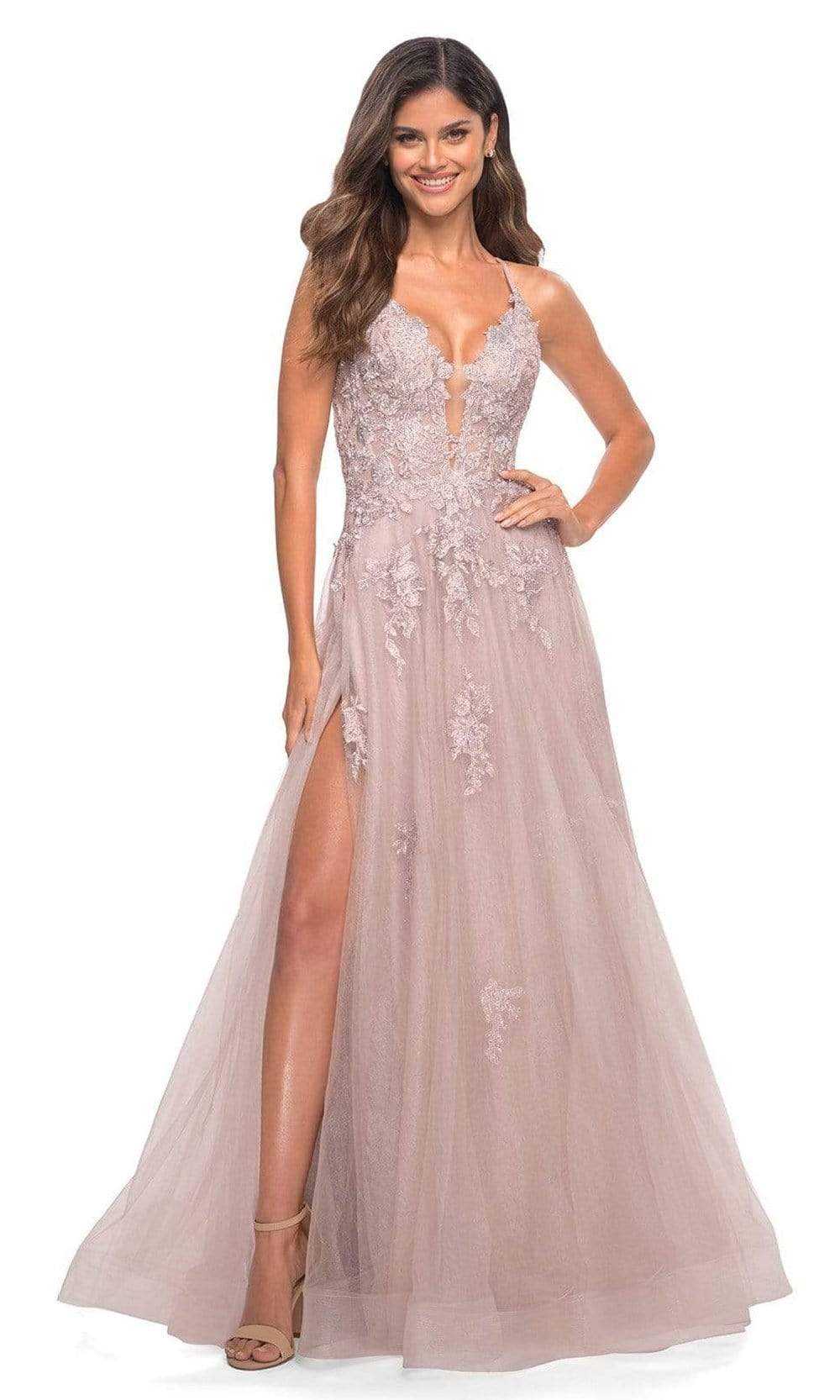 La Femme - 30560 Beaded Applique A-Line Gown Special Occasion Dress 00 / Dusty Mauve