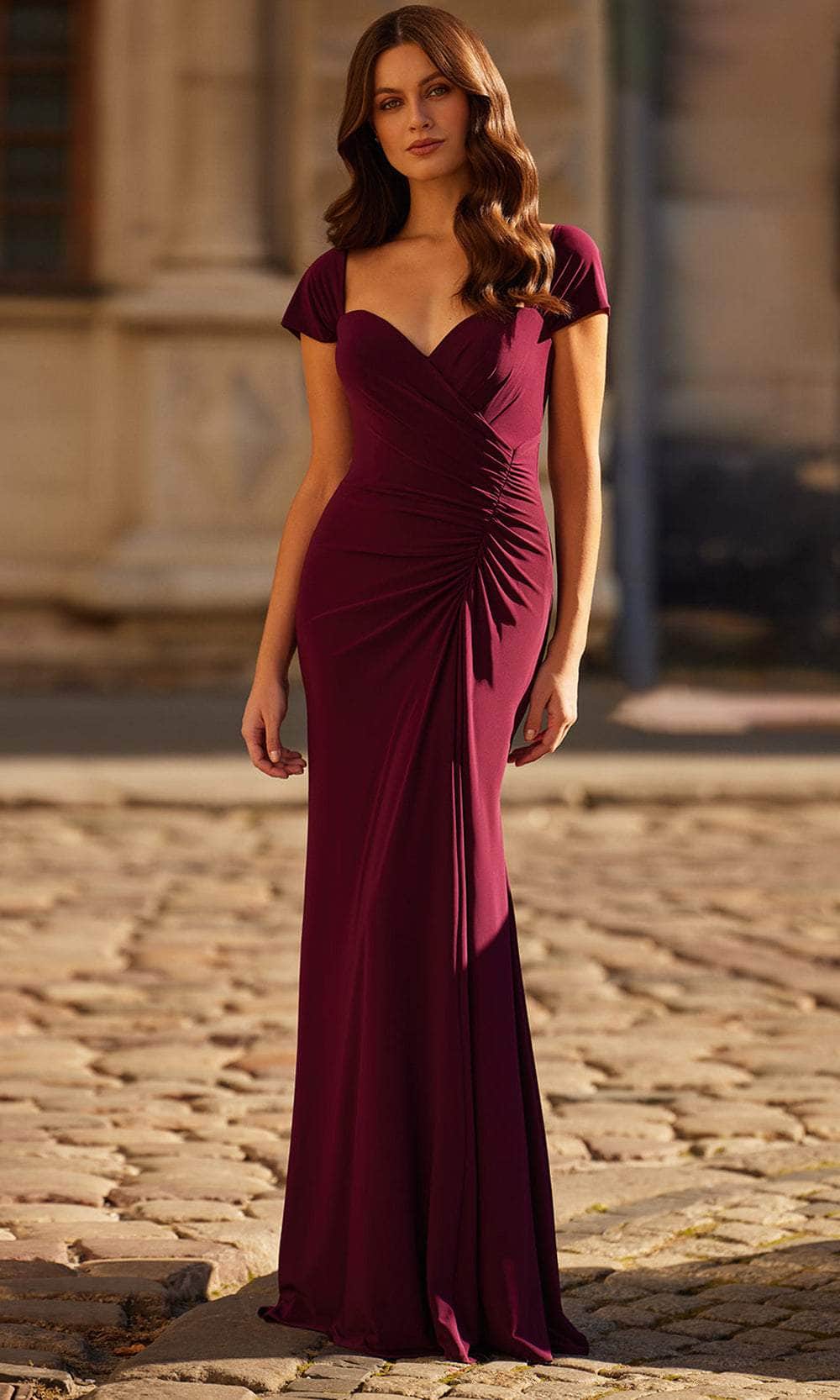 La Femme 30874 - Long Jersey Sheath Dress - Cap sleeves, Ruching, Fitted bodice, floor-length, Back zipper 18 / Navy La Femme 30874 - Long Jersey Sheath Dress - Cap sleeves, Ruching, Fitted bodice, floor-length, Back zipper 18 / Navy