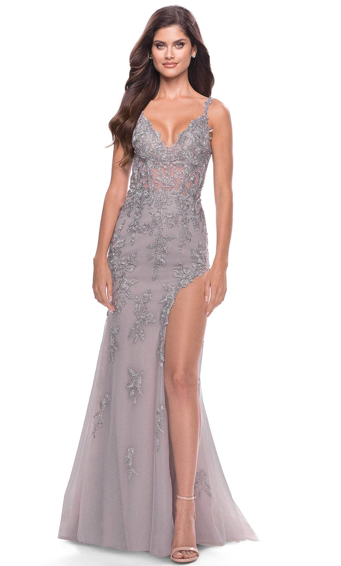 La Femme 31126 - Embroidered Sleeveless Prom Dress Special Occasion Dress 00 / Silver