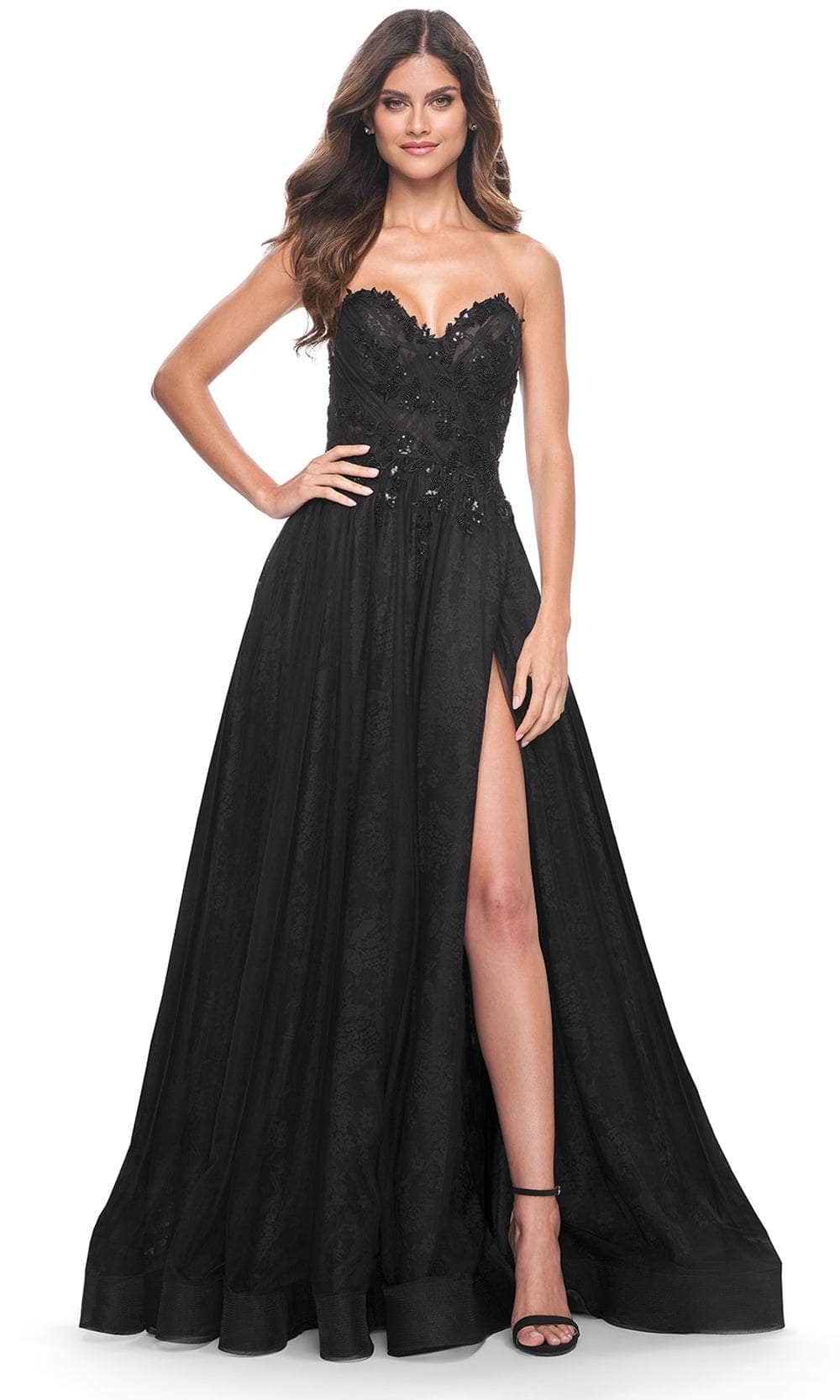 La Femme 31954 - Long Beaded Lace/Tulle/Lace A Line Dress - Strapless, Lace, Beaded, Floral Lace Appliques, Corset Lace-Up Back, High Slit, Horsehair Hem, Sweep Train ADASA La Femme 31954 - Long Beaded Lace/Tulle/Lace A Line Dress - Strapless, Lace, Beaded, Floral Lace Appliques, Corset Lace-Up Back, High Slit, Horsehair Hem, Sweep Train ADASA