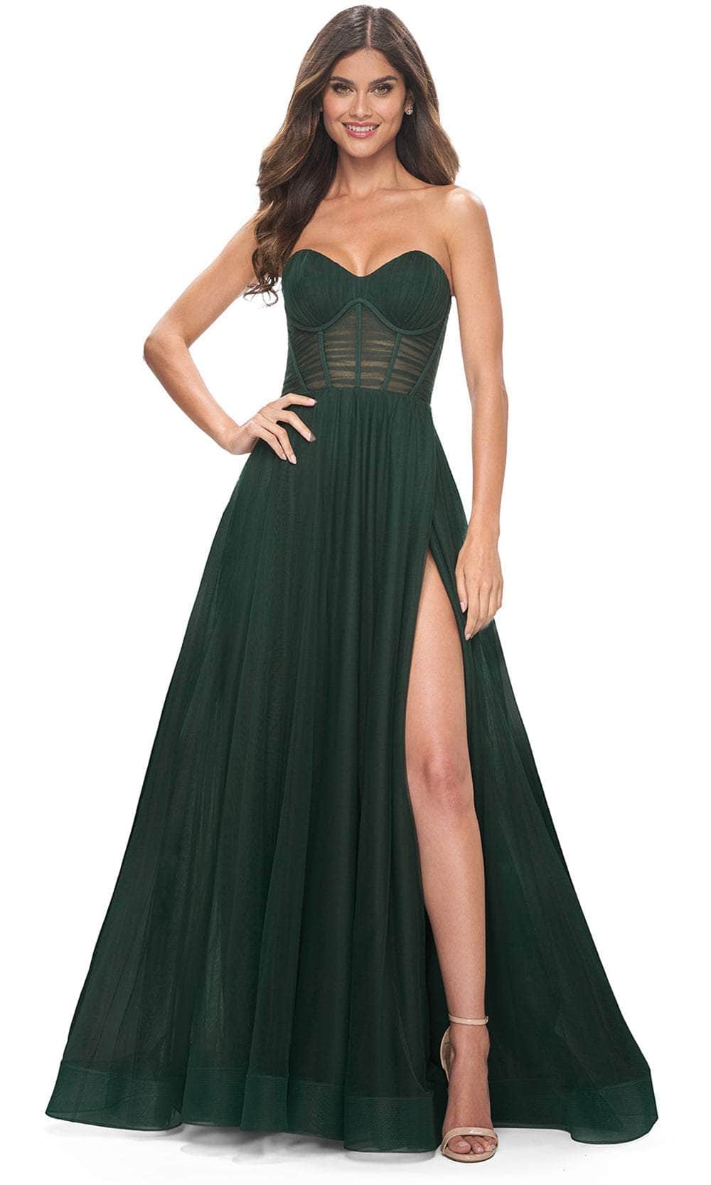 La Femme 31971 - Long Tulle A Line Dress - Strapless, Bustier Bodice, Corset Boning, Shirred Tulle, Midrise Back, Concealed Zipper Closure, High Slit, Sweep Train ADASA La Femme 31971 - Long Tulle A Line Dress - Strapless, Bustier Bodice, Corset Boning, Shirred Tulle, Midrise Back, Concealed Zipper Closure, High Slit, Sweep Train ADASA