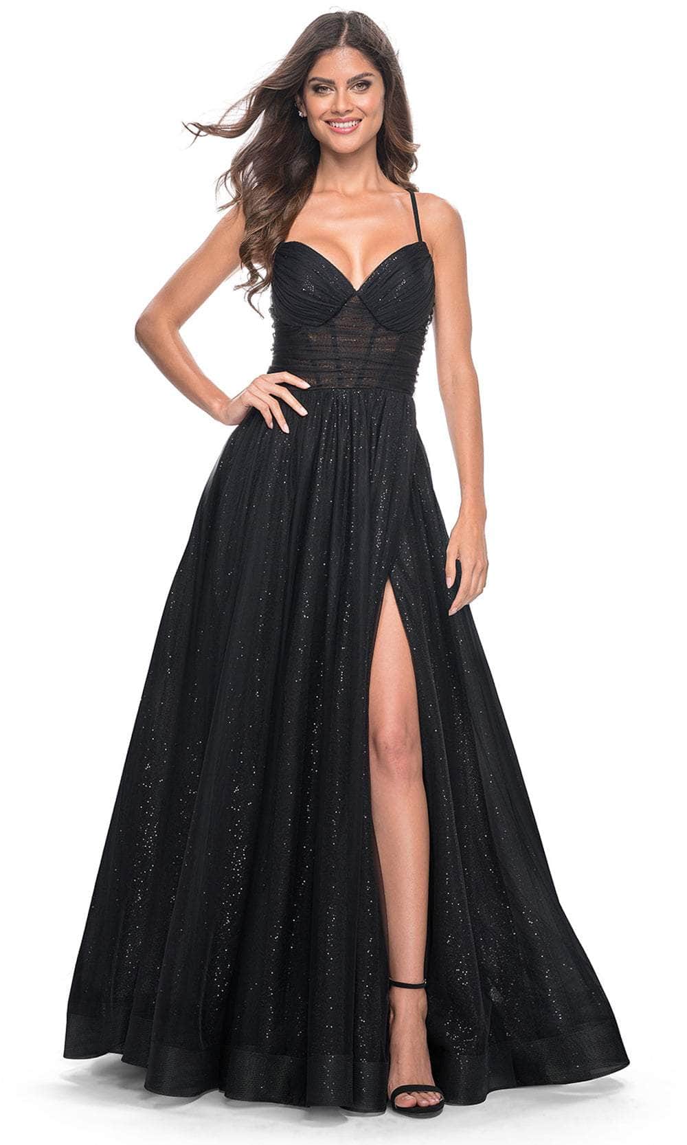 La Femme 31986 - Long Tulle/Sequin A Line Dress - Spaghetti Strap, Sleeveless, Ruched, Sequin, Sheer Corset Bodice, Strappy Open Lace-Up Back, High Slit, Sweep Train ADASA La Femme 31986 - Long Tulle/Sequin A Line Dress - Spaghetti Strap, Sleeveless, Ruched, Sequin, Sheer Corset Bodice, Strappy Open Lace-Up Back, High Slit, Sweep Train ADASA