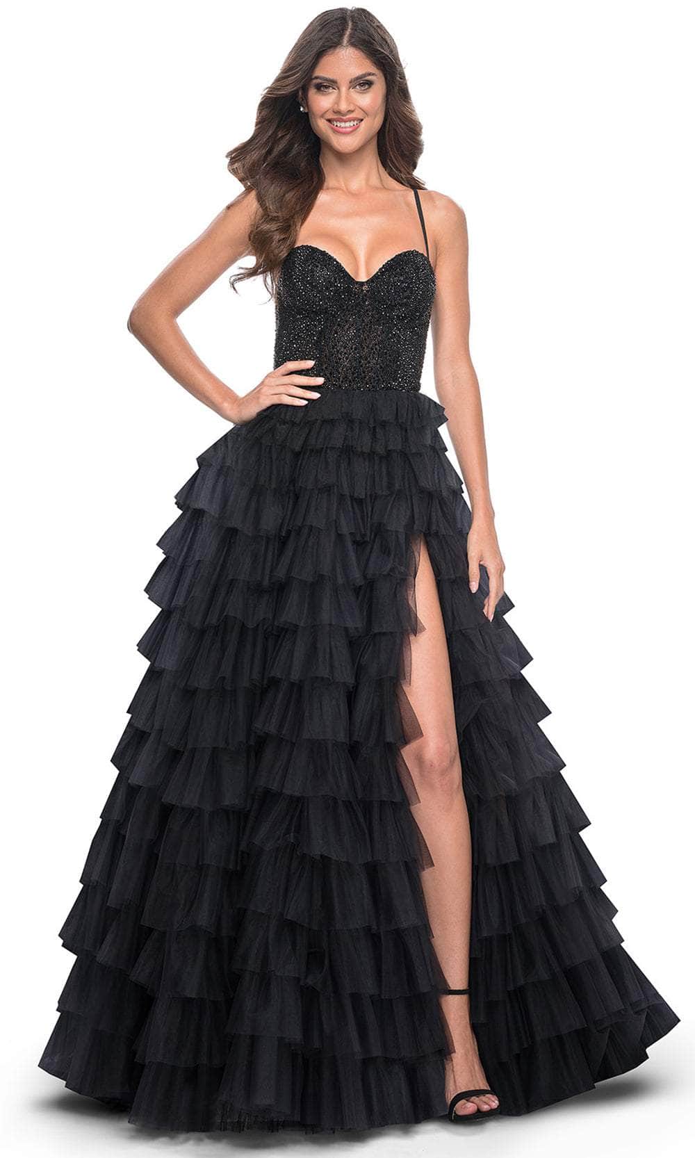 La Femme - 32002 - Ruffle Tulle Dress with Rhinestone Embellishments Black / 4 La Femme - 32002 - Ruffle Tulle Dress with Rhinestone Embellishments Black / 4