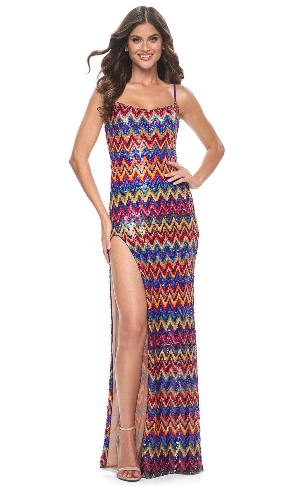 La Femme 32006 - Long Print Sequin Sheath Dress - Sleeveless, Fitted Bodice, Adjustable Spaghetti Straps, Scoop Back, Back Zipper Closure ADASA La Femme 32006 - Long Print Sequin Sheath Dress - Sleeveless, Fitted Bodice, Adjustable Spaghetti Straps, Scoop Back, Back Zipper Closure ADASA