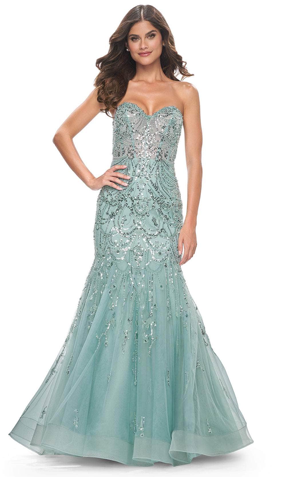 La Femme 32053 - Long Beaded/Tulle Mermaid Dress - Strapless, Beaded, Sequin, Sheer Corset Bodice, Open Lace-Up Back, Horsehair Hem, Sweep Train ADASA La Femme 32053 - Long Beaded/Tulle Mermaid Dress - Strapless, Beaded, Sequin, Sheer Corset Bodice, Open Lace-Up Back, Horsehair Hem, Sweep Train ADASA