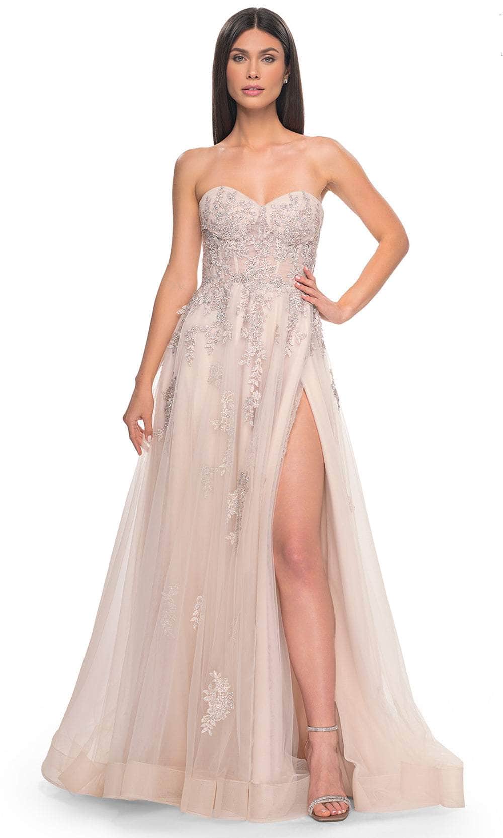 La Femme 32084 - Long Lace/Tulle A Line Dress - Strapless, Lace Details, Rhinestones, Lace Up Back, High Slit, Sweep Train ADASA La Femme 32084 - Long Lace/Tulle A Line Dress - Strapless, Lace Details, Rhinestones, Lace Up Back, High Slit, Sweep Train ADASA
