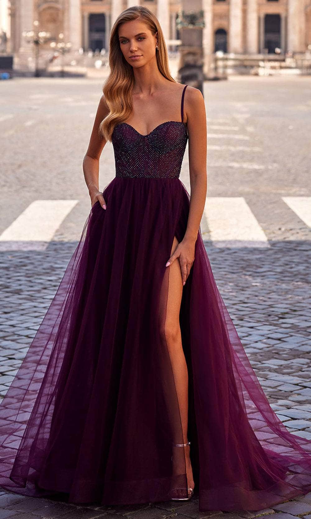 La Femme 32135 - Long Fishnet/Tulle A Line Dress - Spaghetti Straps, Corset Bodice, Low Open Back, Lace Up Design, High Slit, Sweep Train 4 / Royal La Femme 32135 - Long Fishnet/Tulle A Line Dress - Spaghetti Straps, Corset Bodice, Low Open Back, Lace Up Design, High Slit, Sweep Train 4 / Royal