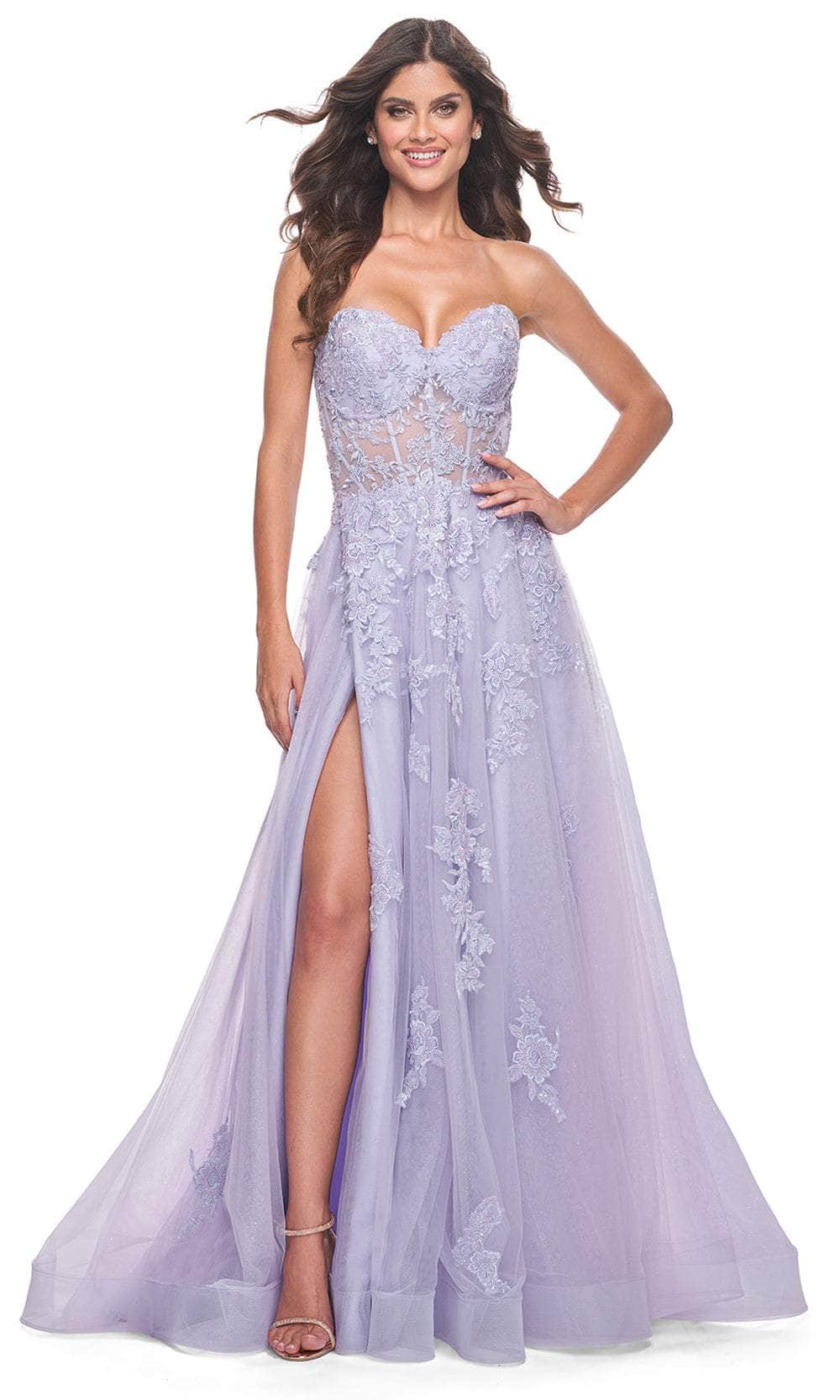 a-line strapless corset tulle floor-length prom dress with leaf lace Stacees 2026 A-line Strapless Corset Lavender Prom Dress with Leaf Lace